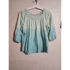 Womens 3/4 Sleeve Embroidered Blouse Blue Eyelet Floral Round Neck NO TAGS